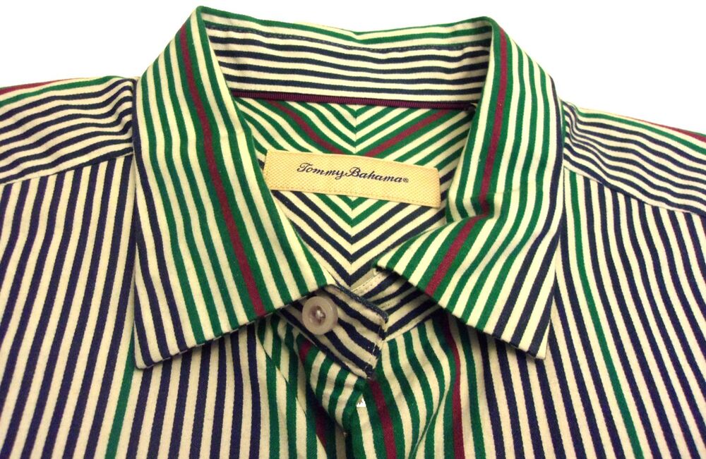 Tommy Bahama Cotton Silk Blend Shirt Sz. XL Striped Green Gray Long Sleeve Mens